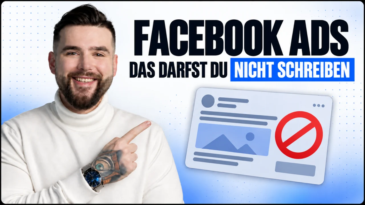 Samuel zeigt auf eine abgelehnte Facebook-Ad und warnt vor rechtlich unzulässigen Formulierungen für Onlineshops.